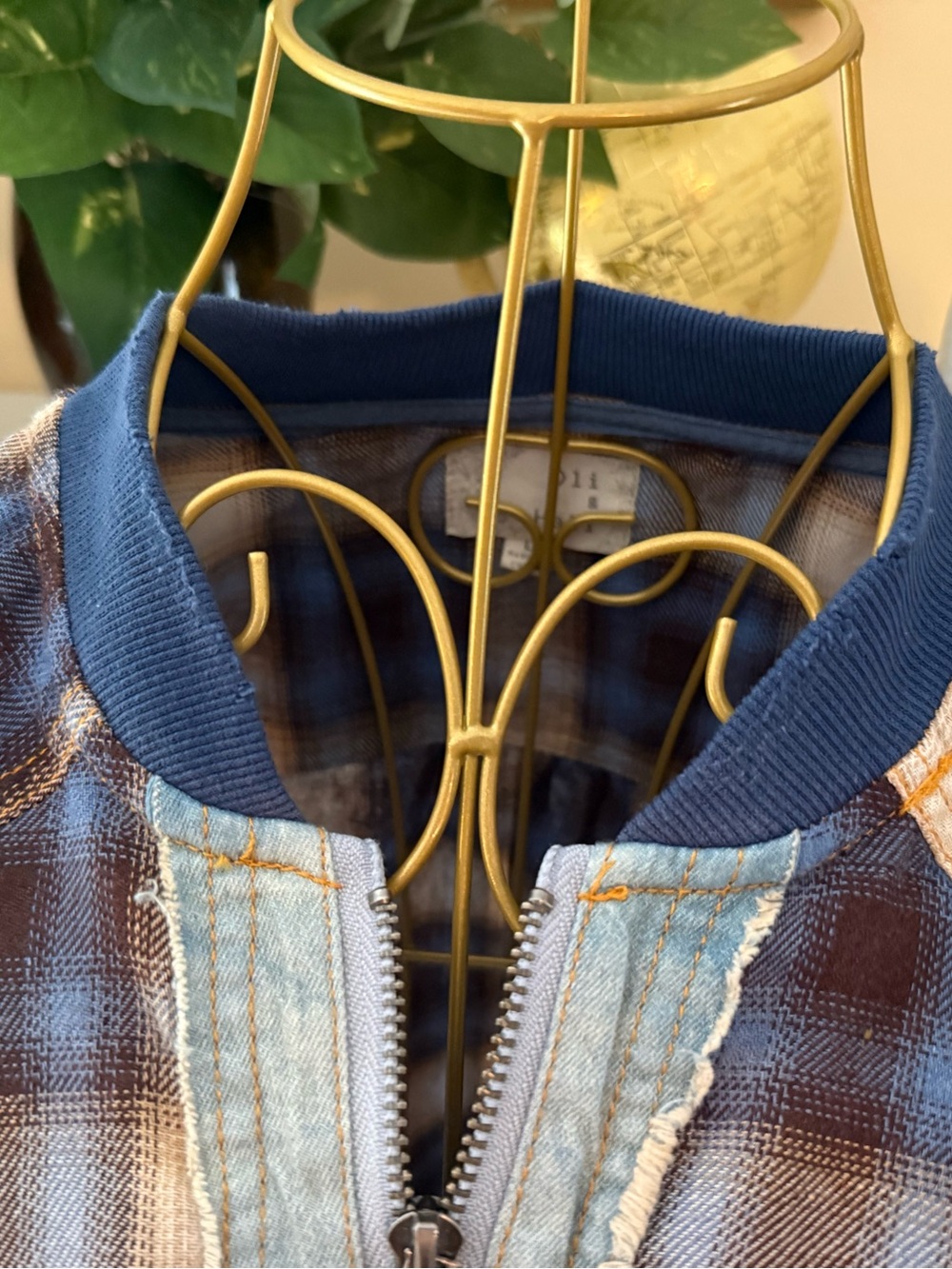 Oli & Hali size Large Plaid Utility denim and flannel top Blue/Brown shacket top - Picture 6 of 9